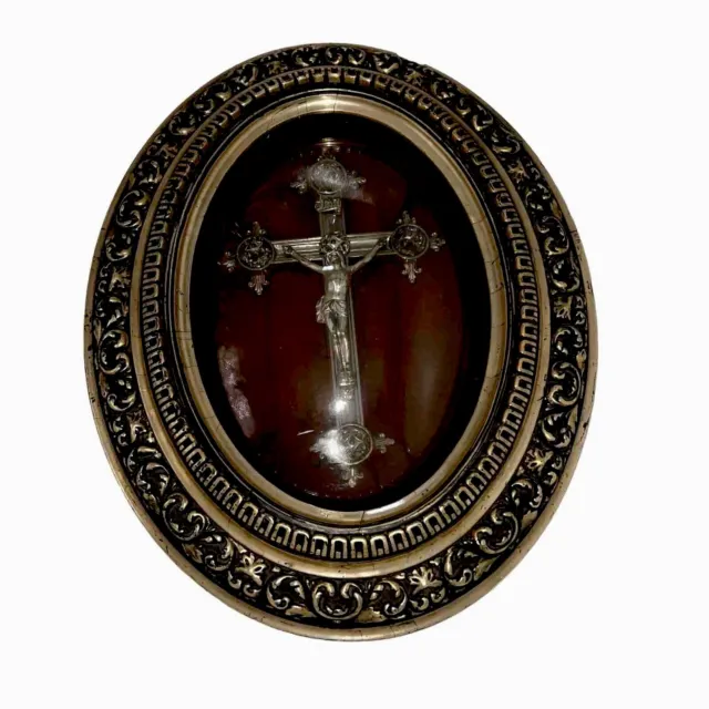 Vintage Antique Oval Ornate Wooden Framed Under Convex Glass Dome Crucifix 16”