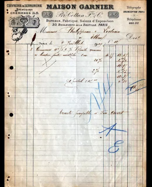 PARIS (XII°) USINE DE SERRURERIE ARTISTIQUES & CREMONES "Maison GARNIER" en 1909