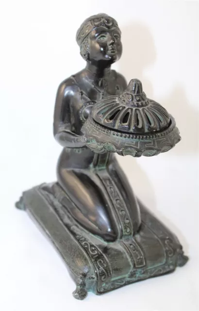 Antique Art Deco Black Enamel Kneeling Lady Incense Burner w/Lid Ronson