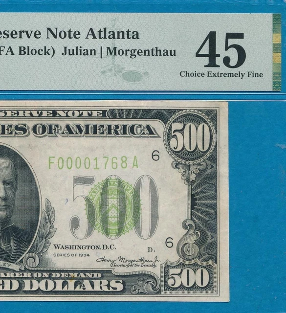 $500. 1934 Scarce Atlanta  District Lime Green Seal Federal Reserve Note Pmg45