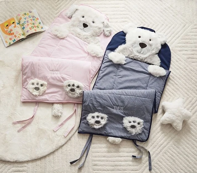 Pottery Barn Kids Shaggy Tan & White Puppy Dog Zip Up Sleeping Bag Red Gingham