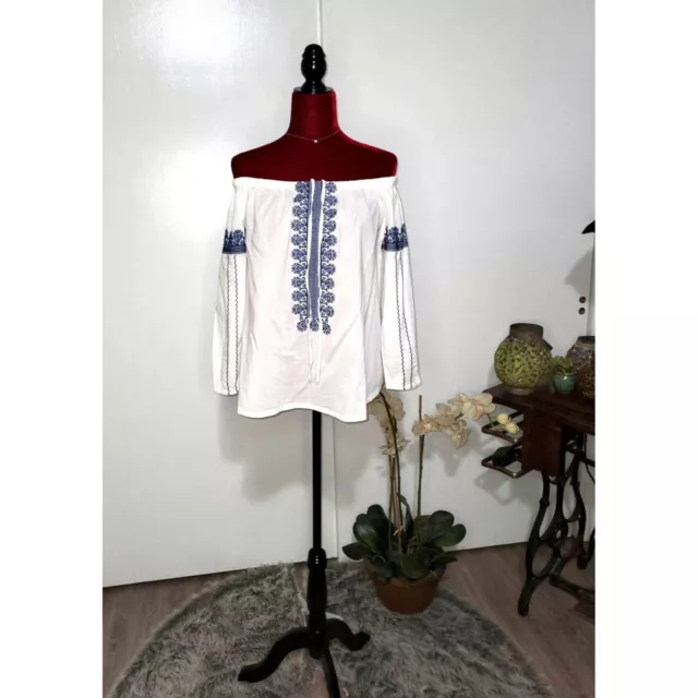 Madewell Folktale Off Shoulder 100 % Cotton Embroidered Casual Blouse Size S 966