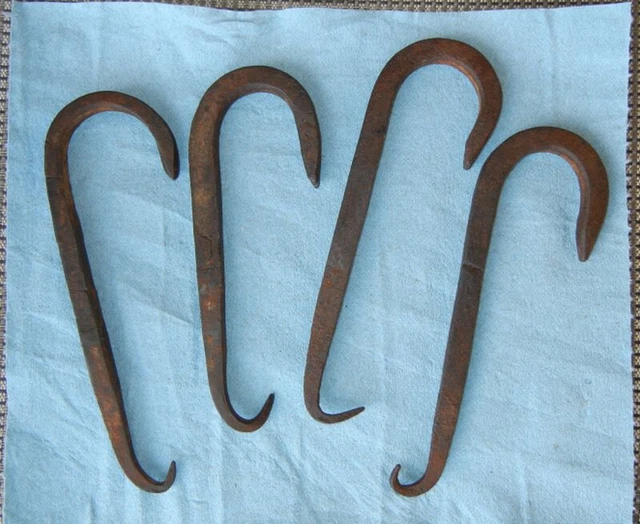4 Antique HOOKS Fireplace Meat, Etc. Hand-Forged Wrought Iron Lot Blacksmith