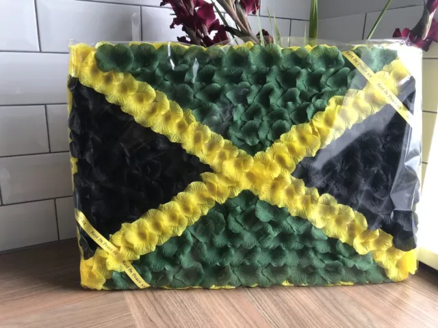 Corona de flores funerarias de seda artificial jamaicana floral bandera grande tributo