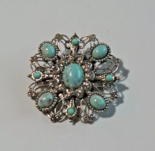 Vintage Silver Tone Brooch Pin Turquiose Stones Intricate Filagree 7394