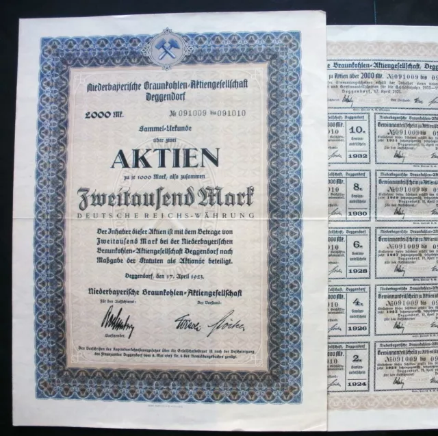 Sammelurkunde Niederbayerische Braunkohlen AG, 2000 Mark, Deggendorf 1923