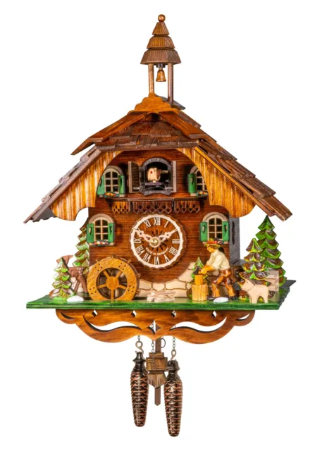 Quartz Cuckoo Clock Black Forest house with moving wood chopper.. EN 4441 QM NEW