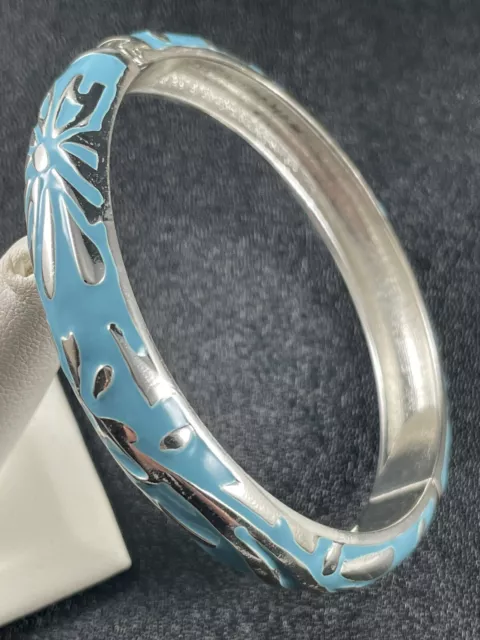 Vintage Blue Enameled Bangle Hinged Bracelet Silver Tone Metal