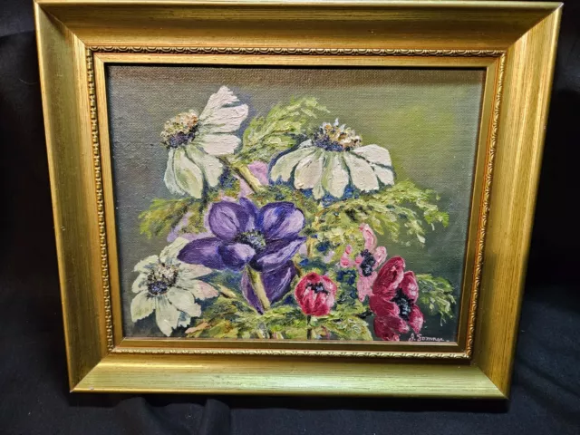vintage flowers anemonies  oil painting on board