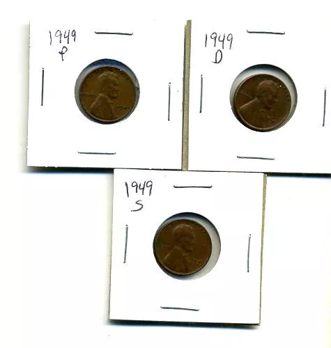 1949 P,D,S Wheat Pennies Lincoln Cents Circulated 2X2 Flips 3 Coin Pds Set#167