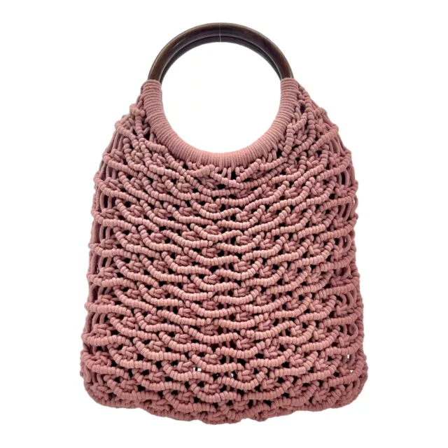 SIGRID OLSEN Handmade Macrame Handbag Bamboo Handles Cotton Boho Hippie PINK