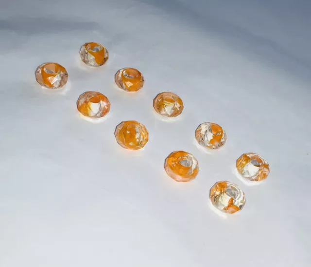 10 ORANGE & CLEAR Faceted GLASS European Large Hole BEADS Jewellery Making OWC