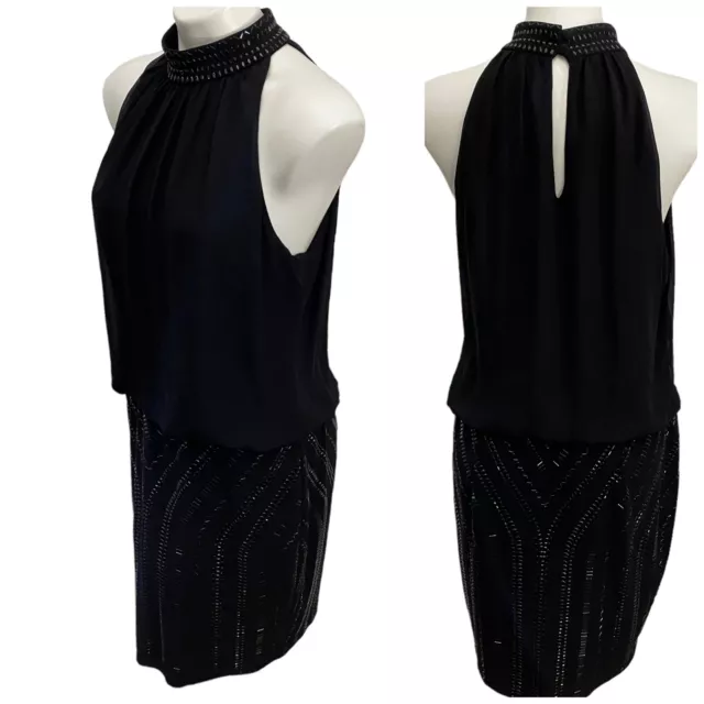 Cache Womens Cocktail Dress Size 14 Black Beaded Knit Chiffon Sleeveless Sexy