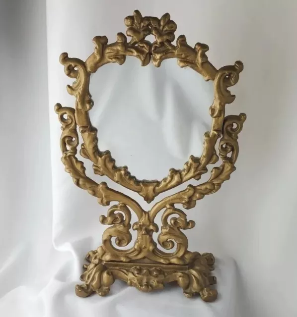 Vtg Cast Iron Goldtone Vanity Table Mirror Victorian Tilt Ornate Pedestal 12 in