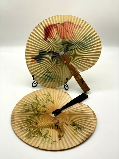 Two Vintage Chinese Paper Bamboo Folding Hand Held Fan