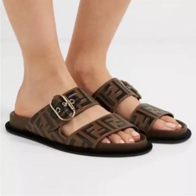 Fendi Ff brown and black forever sandals Birkenstock logo leather size 9