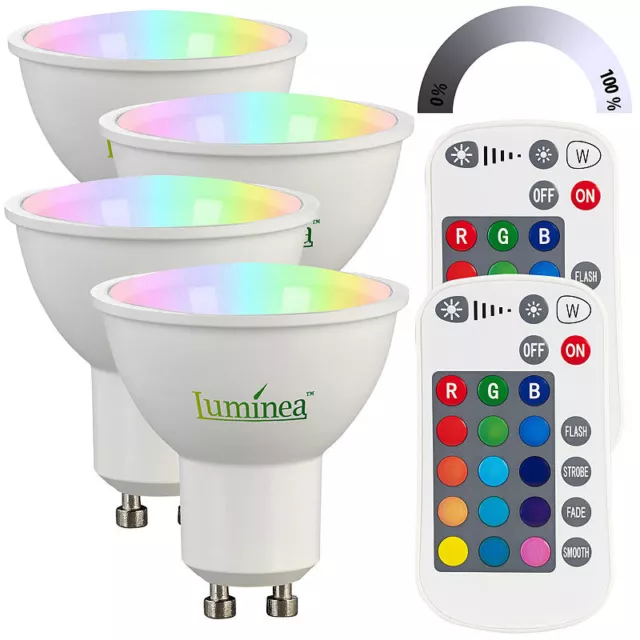 Luminea GU 10 RGB: 4er-Set LED-Spots GU10, RGBW, 4,8 W, 400 lm, dimmbar