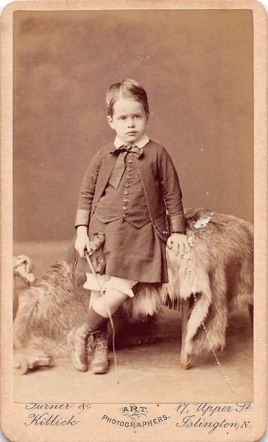 Young Boy Pulling Horse Toy Animal Fur Victiorian Photograph CDV Card c1883