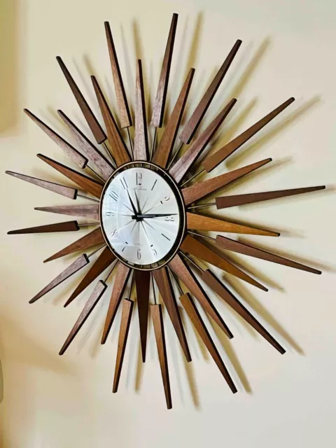 Superb Original Teak And Brass Starburst Clock By Seth Thomas, 1960