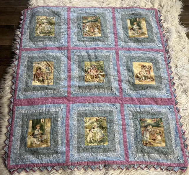 Edredón para bebé hecho a mano para niñas con patchwork espalda de franela 38""x41"" flores azules rosadas