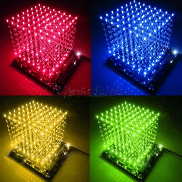 Blue/Green/Red/Yellow Light 3D LightSquared DIY Kit 8x8x8 3mm LED Cube White LED