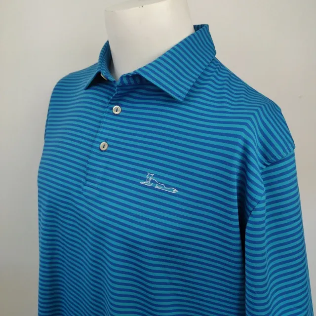 Peter Millar Competition Stripe Stretch Jersey Polo Shirt Mens L Blue Fox Logo