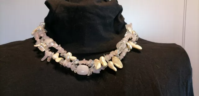 Halskette - Collier - Barockperlen mit Rosenquarz und Bergkristall