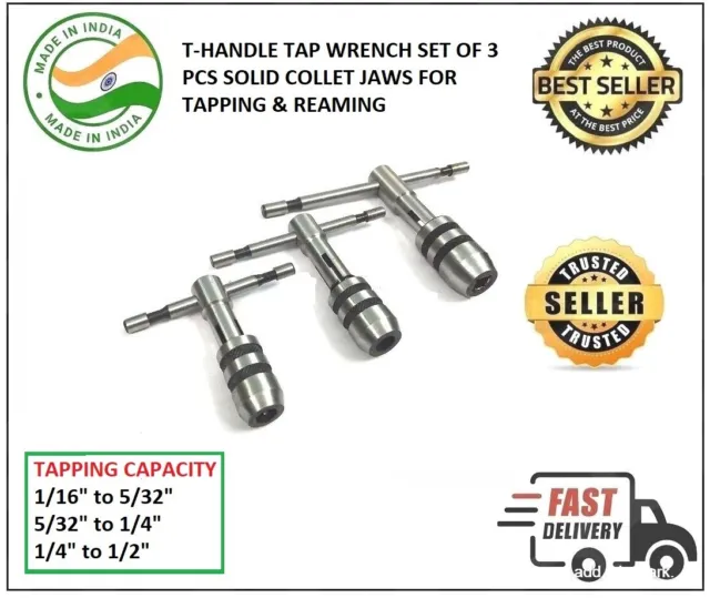 T-Handle Tap Wrench Set Of 3 Pcs Solid Collet Jaws For Tapping Solid Collet Jaws