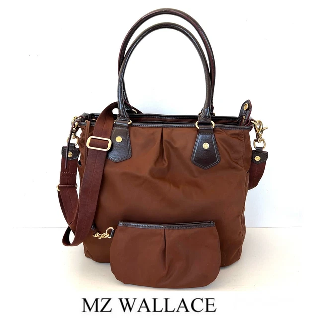 MZ WALLACE Mocha Nylon Expresso Leather Side Pocket Small Pouch Crossbody Tote