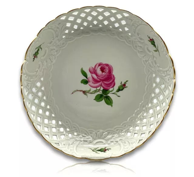 Meissen Porzellan - Durchbruch Schale Korbschale - Rote Rose - Goldstaffage