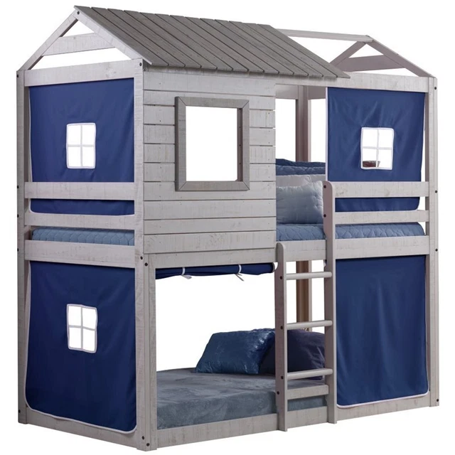 Pemberly Row Twin Over Twin Solid Wood Bunk Bed with Blue Tent in Gray