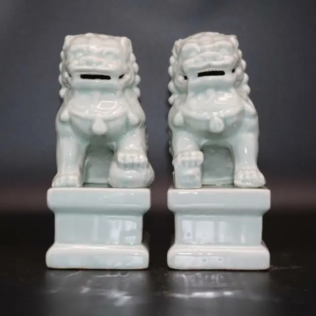 Chinese Celadon Glaze Porcelain Figurine Foo Fu Dog Guardion Lion Statue 6.30"