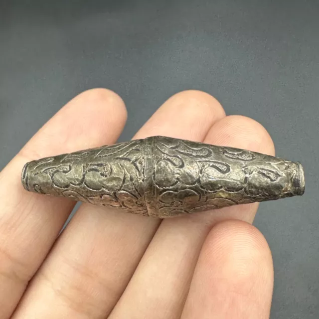 Genuine ancient Roman solid silver bead with engravings