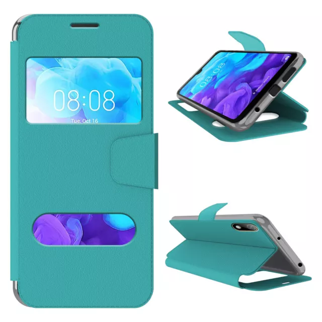 CUSTODIA FLIP COVER DOPPIA FINESTRA LIBRETTO PER Huawei Y5 2019 Azzurro