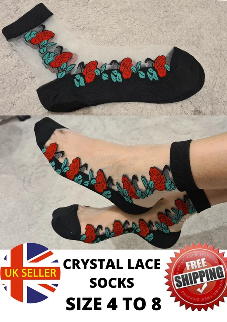 Ladies Rose Black Socks Cute Transparent Crystal Silk Lace Elastic Short Wear