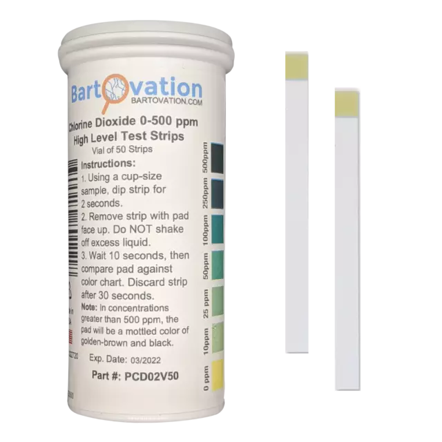 Chlorine Dioxide Single Factor Test Strips, 0-500 ppm [Vial of 50 Strips]