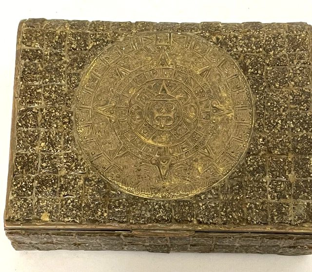 Vintage Metal Stone Mexican Mexico Aztec Calendar Cigarette Trinket Box Smoking