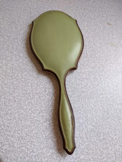 Vintage Green Enamel & Brass Vanity Hand Mirror - 11 1/2 Inches