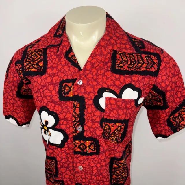 Hukilau Fashions Hawaiian Shirt Mens MEDIUM Barkcloth Cotton Floral Vtg 60s 70s