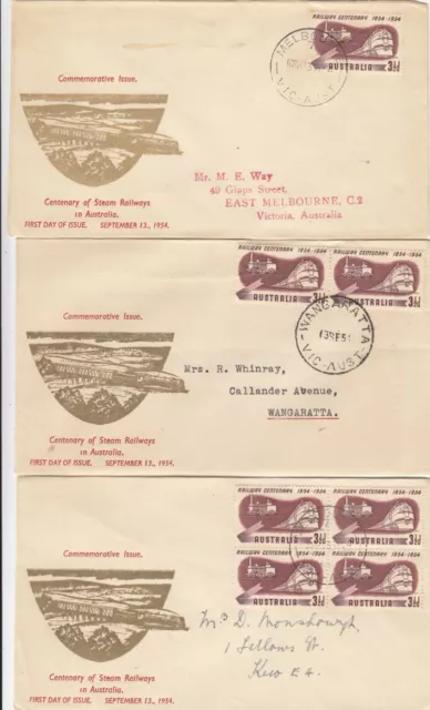 Stamps Australia 1954 railways 3&1/2d issue on 3 Haslem specific cachet FDCs