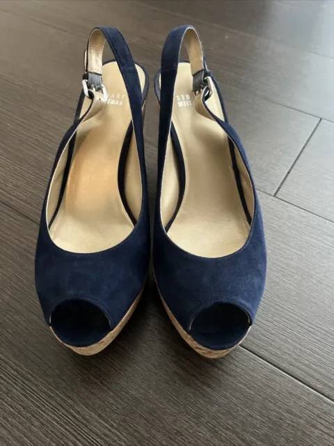 Stuart Weitzman Jean Blue Suede Pump Platform Slingback Cork Wedge Peep Toe 8.5 2