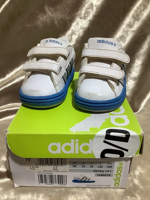 Adidas Derby CF I White Infant Trainers Size 3K Blue Contrast