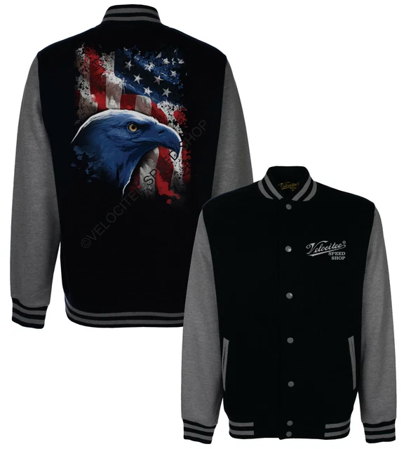 Giacca Baseball Velocitee Varsity Patriotic American Eagle USA Bandiera Biker A17992