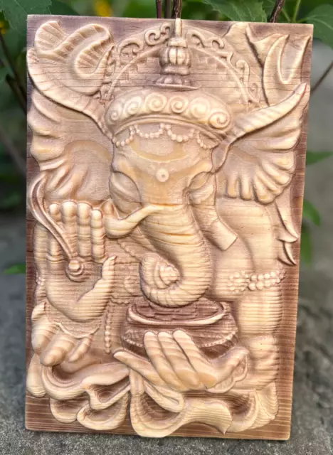 Ganesha Dios Sabiduría Bienestar Cabeza de Elefante Madera Tallado Foto Panno, 3D Hecho a Mano