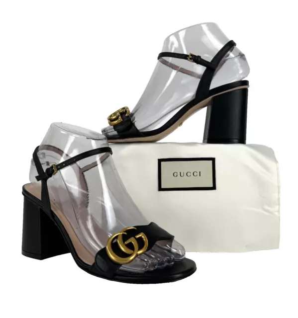 Gucci Auth 6 US 36 EU Black Leather GG Marmont Gold Logo Sandals Shoes Heels Bag