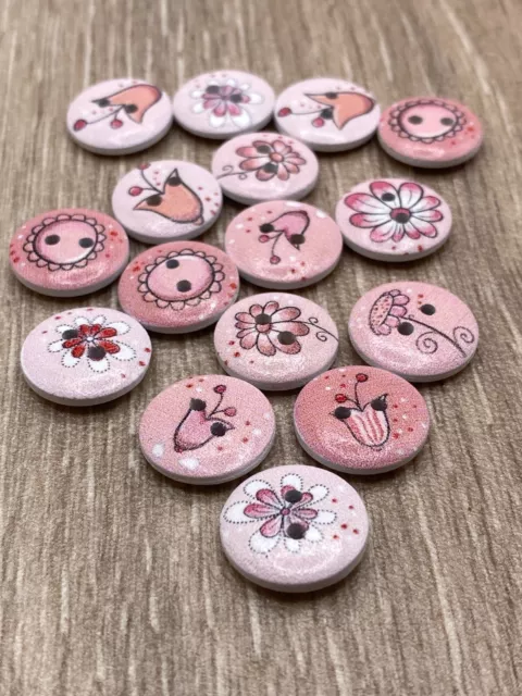 15mm Pink Flower Printing Wooden Buttons Sewing Scrapbooking Cardigans Knitting