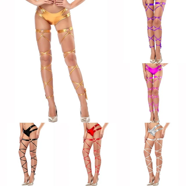 Eleganti calze alte coscia in pelle PVC per donna con design bendaggio incrociat