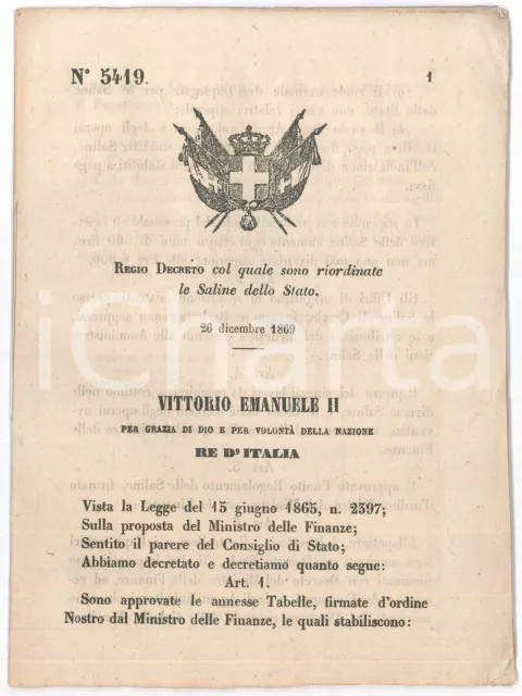 1869 REGNO D'ITALIA Regio Decreto per riordinare le Saline dello Stato