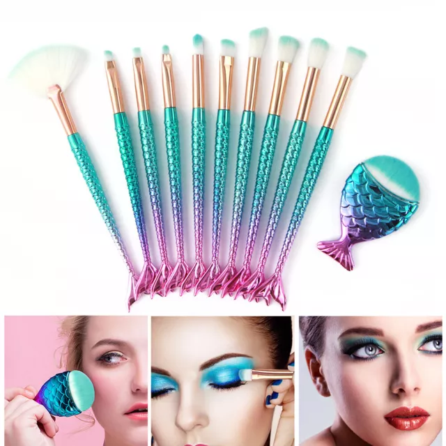 11PCS Mermaid Makeup Brushes Cosmetic Tool Eyeshadow Powder Blush Set UK