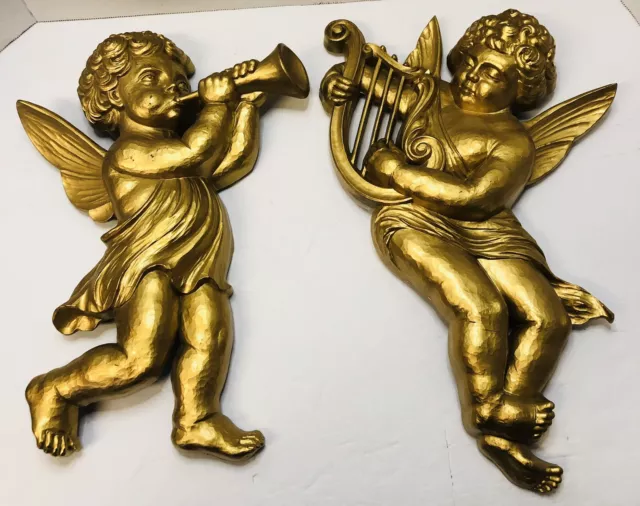 Vintage 1963 LARGE Gold Syroco Musical Cherubs Angels Wall Plaques 16" Tall